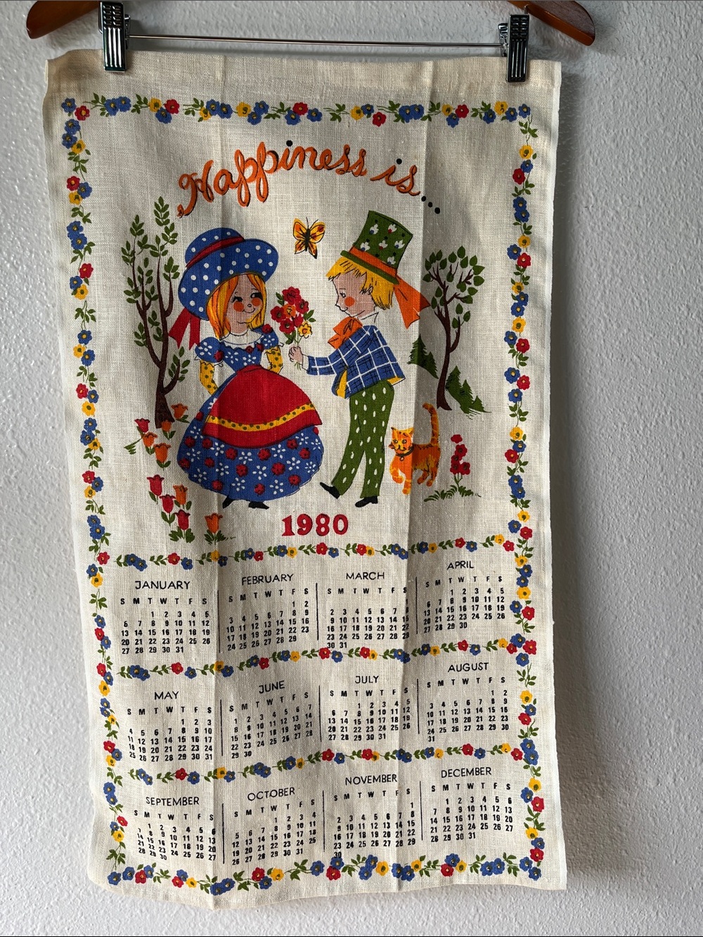 Vintage 1980 Linen Wall Hanging Calendar Cute Orange Cat “Happiness is”